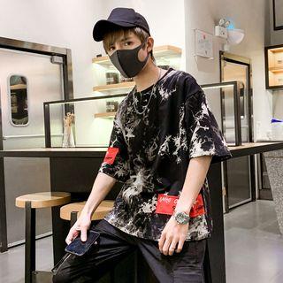 Elbow-sleeve Patterned Letter T-shirt