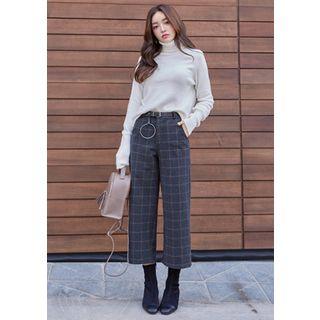 Cropped Wide-leg Plaid Pants With Hoop Belt