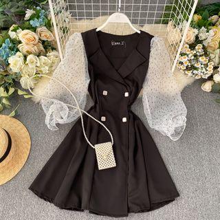 3/4-sleeve Double-breasted Mesh-panel A-line Dress