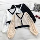 Color-block V-neck Puff-sleeve Cardigan