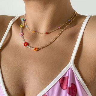 Set: Flower Bead Choker + Alloy Choker 2143 - Gold - One Size
