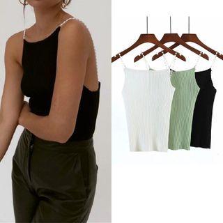 Faux Pearl Ribbed Knit Camisole Top