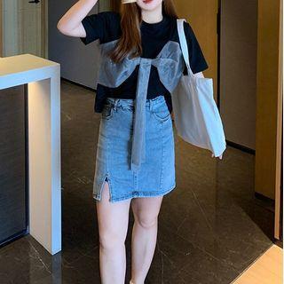 Slit-side Pencil Denim Skirt