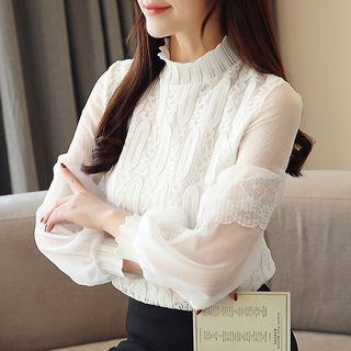 Puff-sleeve Knit Panel Lace Top