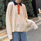 Contrast Trim Collared Long-sleeve Knit Top