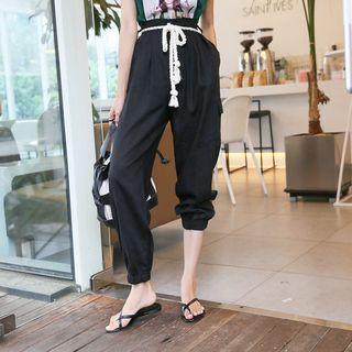 Linen Blend Baggy Jogger Pants With Cord