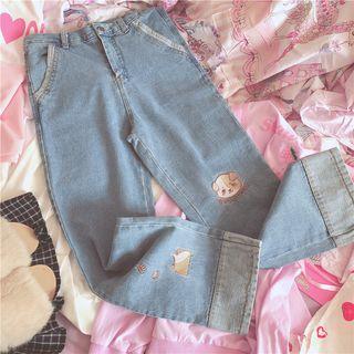 Dog Embroidery Straight-fit Cropped Jeans