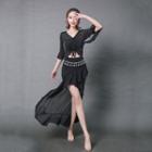 Dance Set: Bell-sleeve Top + Maxi Slit Skirt