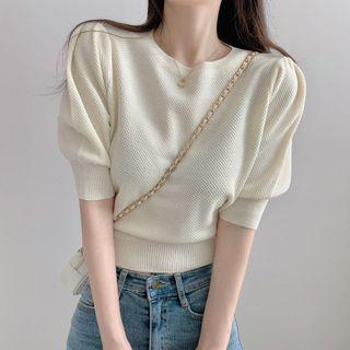 Puff Sleeve Plain Knit T-shirt