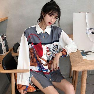 Long-sleeve Color Panel Printed Shirt As Shown In Figure - One Size