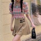 Puff-sleeve Plaid Blouse / Pleated Mini A-line Skirt