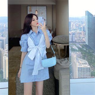 Ribbon Puff-sleeve Mini A-line Shirtdress
