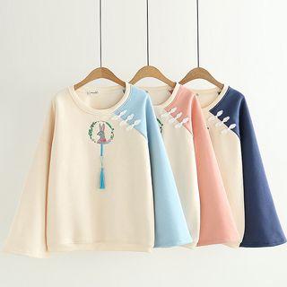Rabbit Embroidered Tasseled Two-tone Pullover