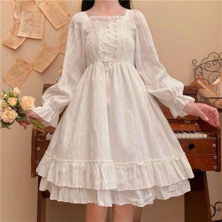 Bell-sleeve Lace-up Ruffled A-line Dress