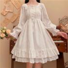 Bell-sleeve Lace-up Ruffled A-line Dress