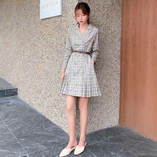 Pleated Plaid Double-breasted Mini A-line Blazer Dress