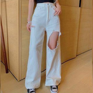High-waist Straight-cut Wide Leg Cutout Jeans