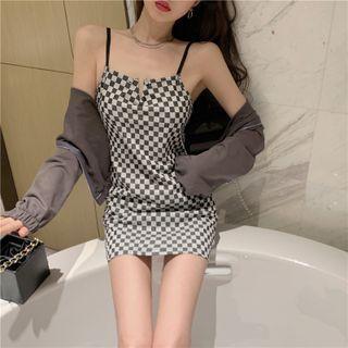 Spaghetti Strap Checkerboard Mini Sheath Dress / Hooded Zip Jacket