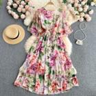 Round-neck Flower Print Ruffle-sleeve Chiffon Dress