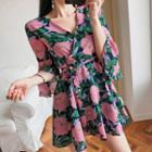 Flower Print Bell-sleeve A-line Mini Dress