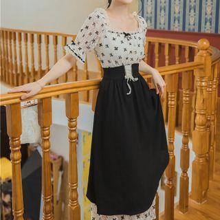 Short-sleeve Cross Print Midi Dress