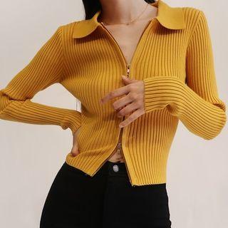 Plain Zipper Long-sleeve Knit Cardigan