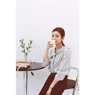 Sailor-collar 3/4-sleeve Stripe Blouse