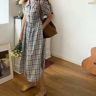 Button-trim Plaid Dress Navy Blue - One Size