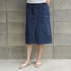 Patch-pocket Stitched Midi Denim Skirt Blue - One Size