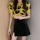 Short-sleeve Leopard Print Knit Shit / Pu Skirt ( Various Designs )