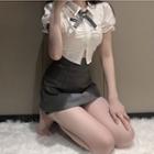 Puff-sleeve Crop Shirt / Mini Skirt / Set