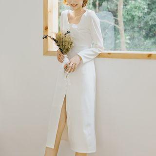 Front-slit U-neck Long-sleeve Midi A-line Dress