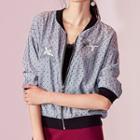 Crane Embroidered Dotted Elbow Sleeve Bomber Jacket