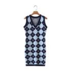 Sleeveless Argyle Knit Dress Dark Blue & Light Blue - One Size
