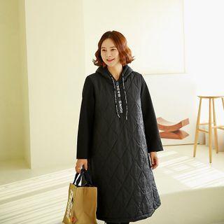 Hooded Contrast-panel Quilted Midi Dress Black - One Size
