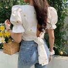 Open Tie-back Flower-embroidered Crop Blouse