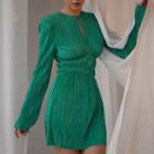 Hollow Out Pleated Long-sleeve Mini A-line Dress