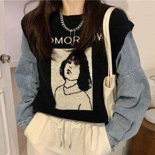 Mock Two-piece Denim Panel Graphic Print Sweater