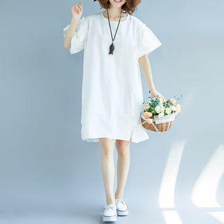 Elbow-sleeve Frill Trim Dress White - One Size
