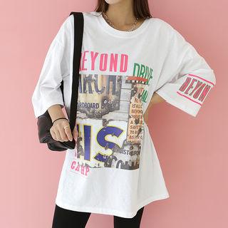 3/4-sleeve Loose-fit Printed T-shirt