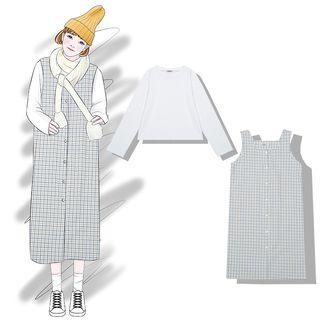 Set: Plain Long-sleeve Top + Plaid Midi Pinafore Dress