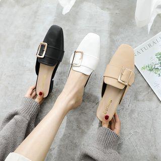 Buckled Faux Leather Low Heel Mules