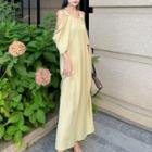 Puff-sleeve Cold-shoulder Maxi Shift Dress Green - One Size