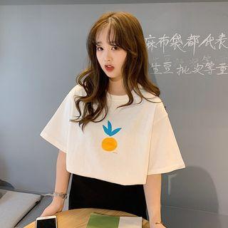 Orange Printed Elbow-sleeve Crewneck T-shirt As Shown In Figure - One Size