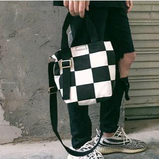 Plaid Canvas Tote Bag With Shoulder Strap 18030 - Blue - One Size