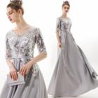 Short Sleeve Satin Panel Sequined A-line Evening Gown