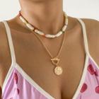 Set: Faux Pearl Choker + Embossed Disc Pendant Alloy Necklace 2531 - Gold - One Size