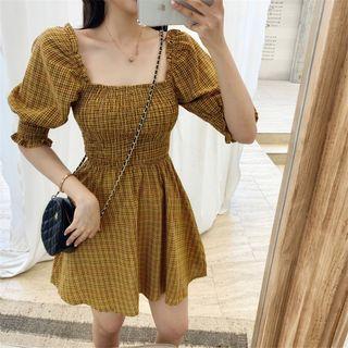 Check Square-neck Slim-fit Dress