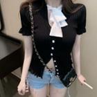 Tie-neck Short-sleeve Knit Cardigan Black - One Size