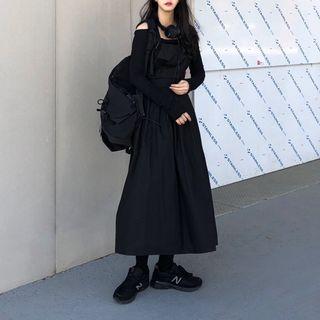Long-sleeve Off-shoulder T-shirt / Midi A-line Pinafore Dress
